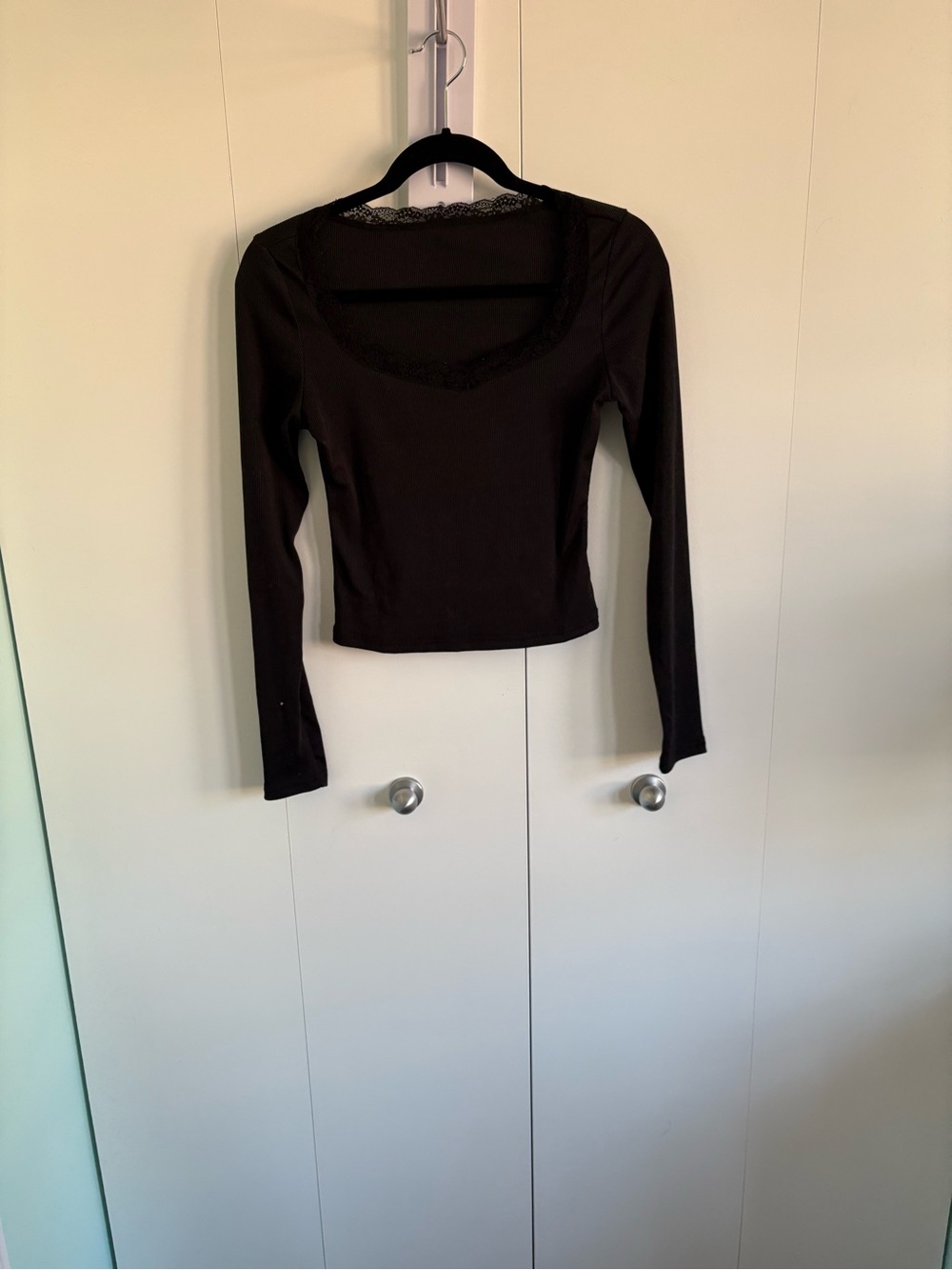 Cider Black Long Sleeve Scoop Neck Lace-Trim Top